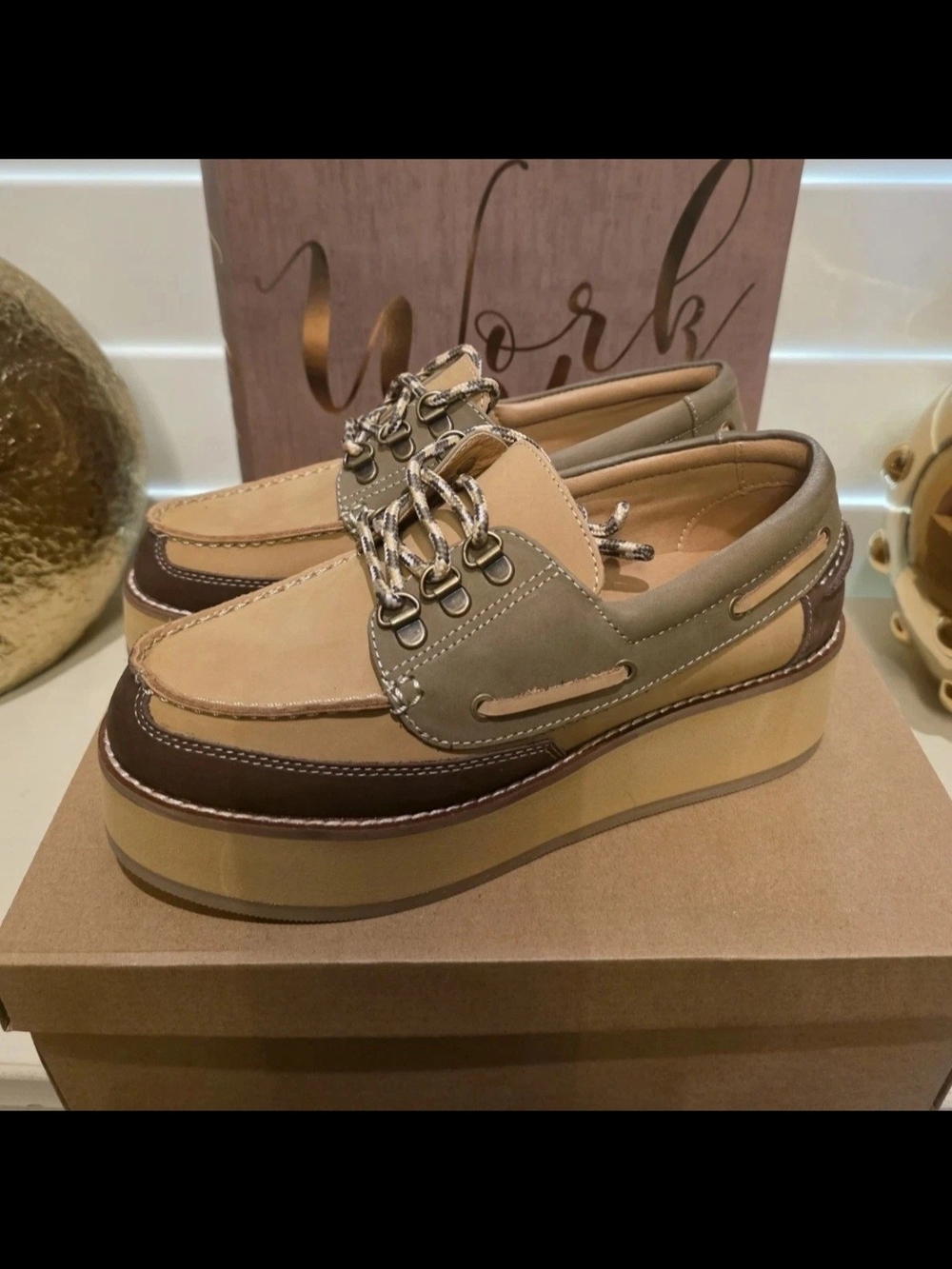 Women Platform Boat Loafers in Tan and Olive